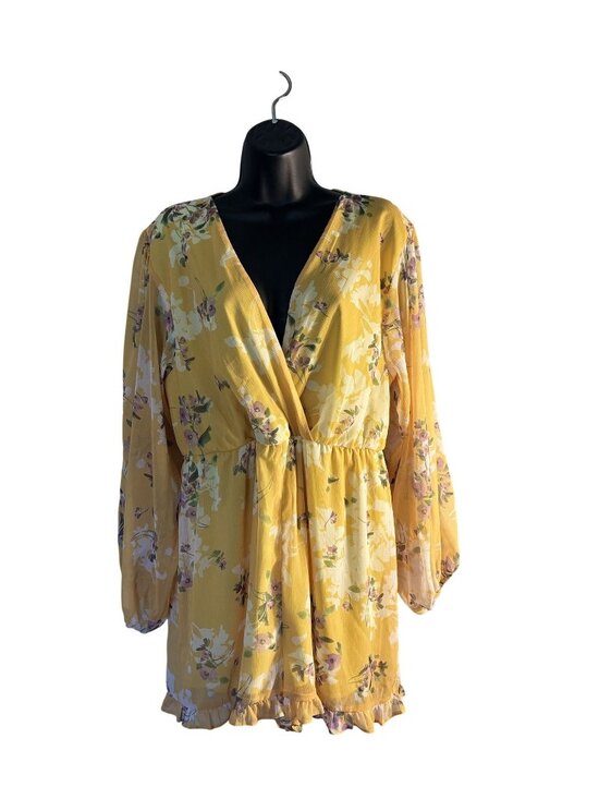 Miss Selfridge Pants - Yellow Floral Long Sleeve Wrap Ruffled Chiffon Romper By Miss Selfridge Size 10